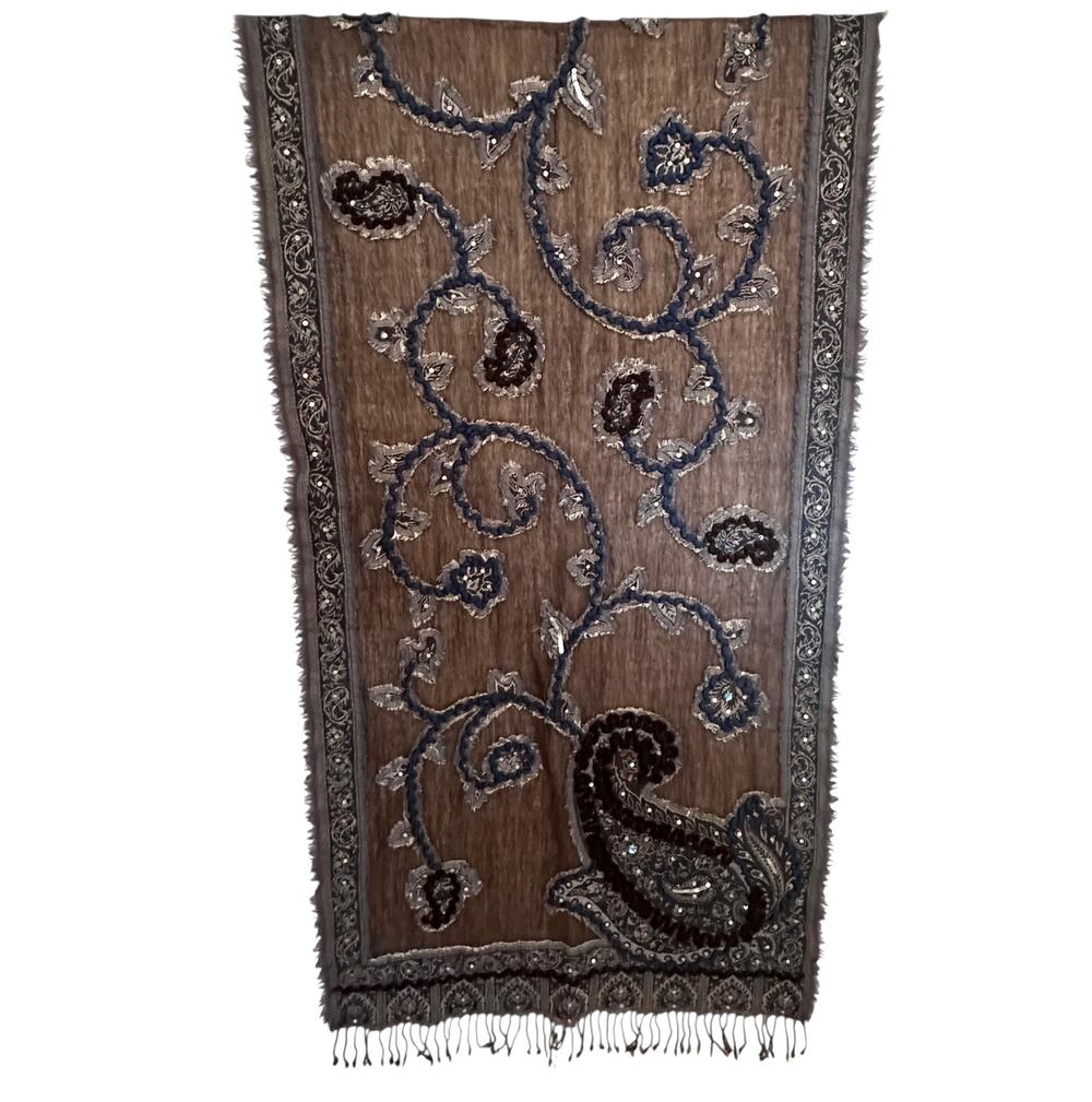 Tolani 100% Wool Scarf Brown Blue Embroidered Sequins Paisley Fringe Oversized